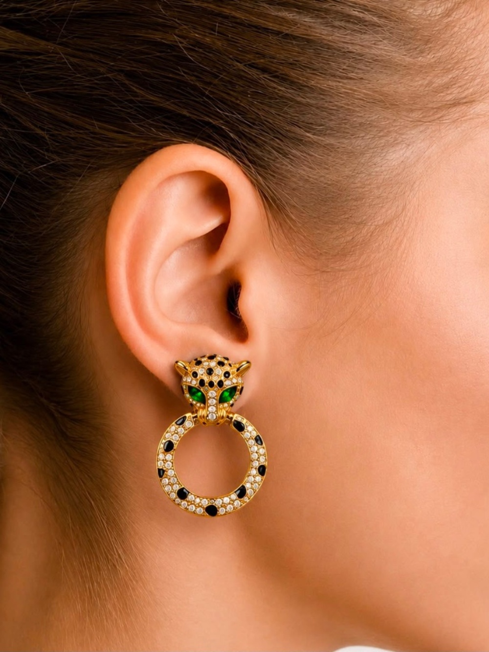 Leopard Statement Earrings Gold Tone Green Eyes Rhinestone Dangle Drop Earrings